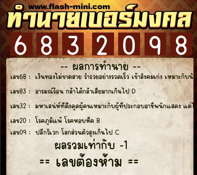 ทำนายเบอร์มงคล 0XX-6832098  ทำนายเบอร์มงคล หมายเลข 091-683209 