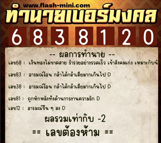 ทำนายเบอร์มงคล 0XX-6838120  ทำนายเบอร์มงคล หมายเลข 087-683812 