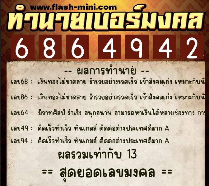 ทำนายเบอร์มงคล 0XX-6864942  ทำนายเบอร์มงคล หมายเลข 066-686494 