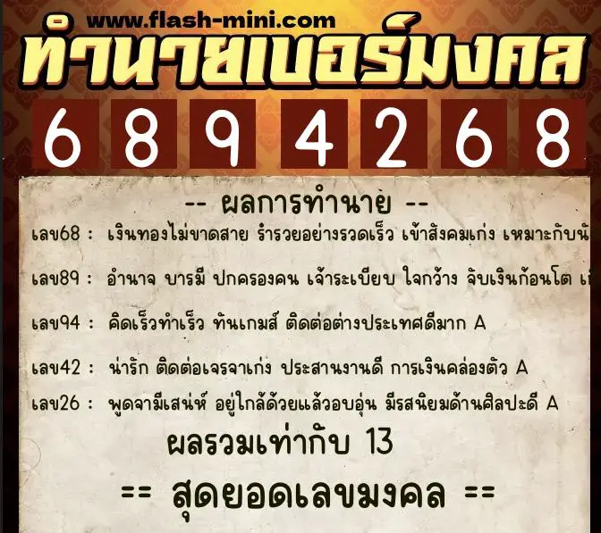 ทำนายเบอร์มงคล 0XX-6894268  ทำนายเบอร์มงคล หมายเลข 080-689426 