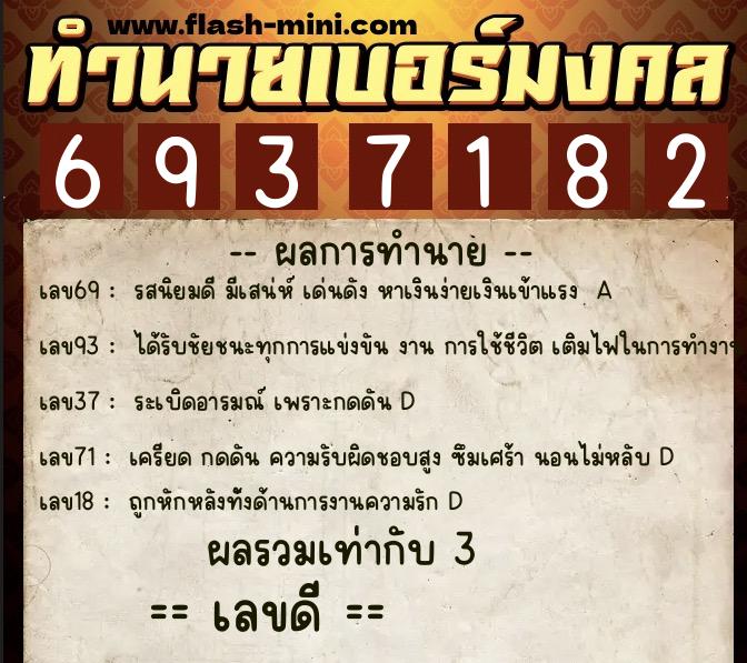ทำนายเบอร์มงคล 0XX-6937182  ทำนายเบอร์มงคล หมายเลข 086-693718 