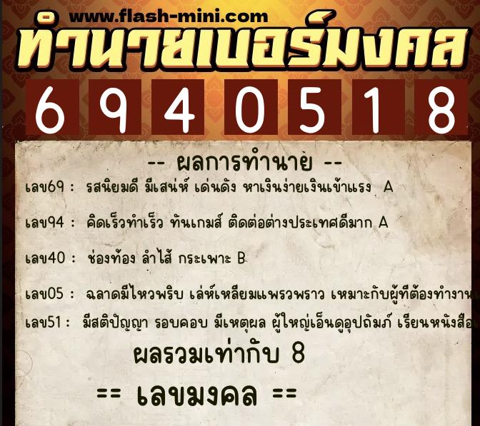 ทำนายเบอร์มงคล 0XX-6940518  ทำนายเบอร์มงคล หมายเลข 098-694051 