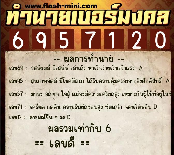 ทำนายเบอร์มงคล 0XX-6957120  ทำนายเบอร์มงคล หมายเลข 099-695712 