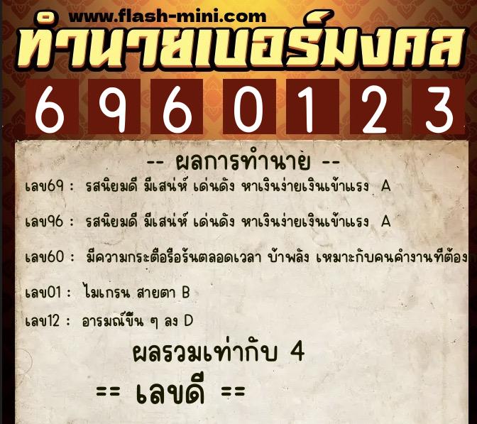 ทำนายเบอร์มงคล 0XX-6960123  ทำนายเบอร์มงคล หมายเลข 081-696012 