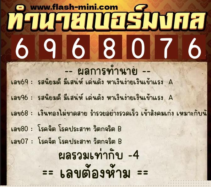 ทำนายเบอร์มงคล 0XX-6968076  ทำนายเบอร์มงคล หมายเลข 066-696807 