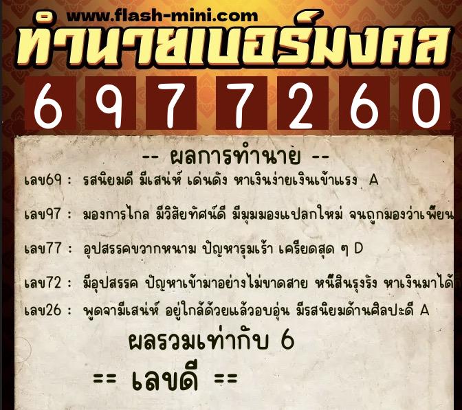 ทำนายเบอร์มงคล 0XX-6977260  ทำนายเบอร์มงคล หมายเลข 099-697726 