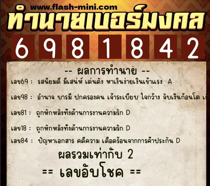 ทำนายเบอร์มงคล 0XX-6981842  ทำนายเบอร์มงคล หมายเลข 066-698184 