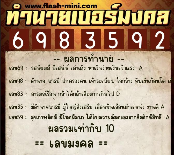 ทำนายเบอร์มงคล 0XX-6983592  ทำนายเบอร์มงคล หมายเลข 099-698359 