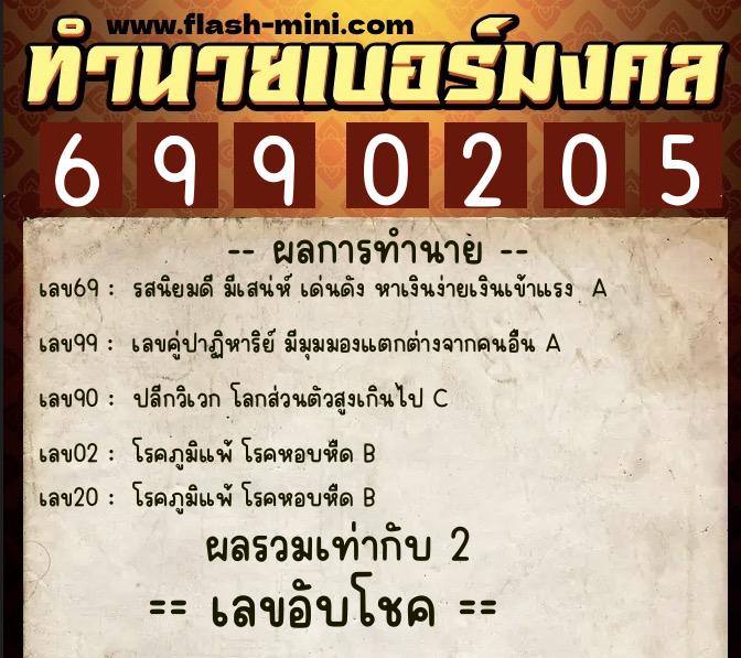 ทำนายเบอร์มงคล 0XX-6990205  ทำนายเบอร์มงคล หมายเลข 085-699020 