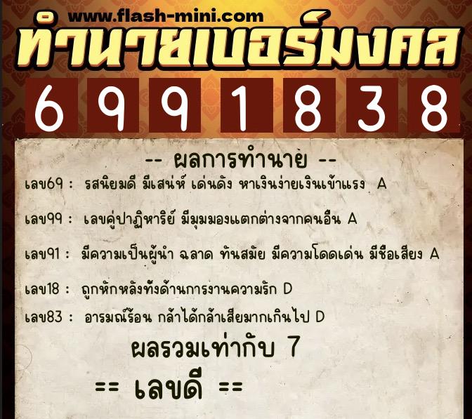 ทำนายเบอร์มงคล 0XX-6991838  ทำนายเบอร์มงคล หมายเลข 082-699183 