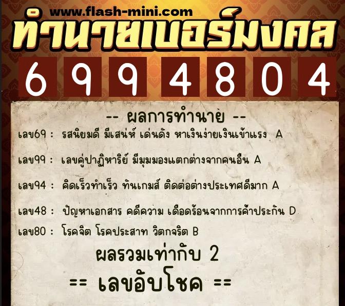 ทำนายเบอร์มงคล 0XX-6994804  ทำนายเบอร์มงคล หมายเลข 066-699480 