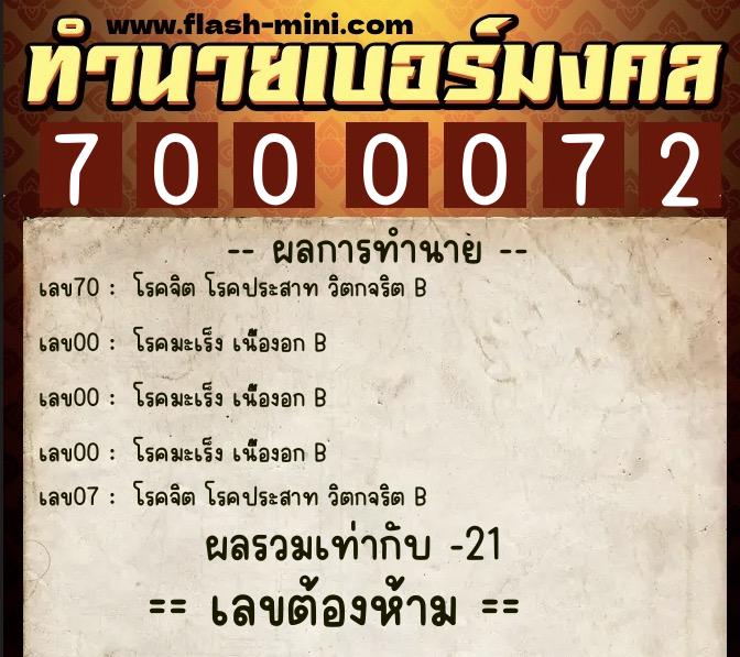 ทำนายเบอร์มงคล 0XX-7000072  ทำนายเบอร์มงคล หมายเลข 095-700007 