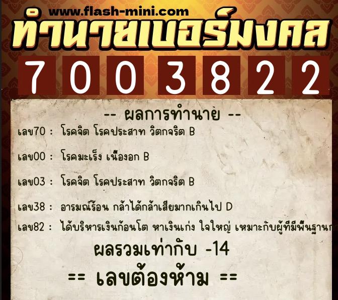 ทำนายเบอร์มงคล 0XX-7003822  ทำนายเบอร์มงคล หมายเลข 061-700382 