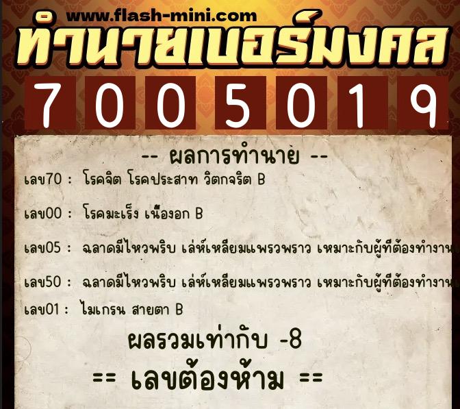 ทำนายเบอร์มงคล 0XX-7005019  ทำนายเบอร์มงคล หมายเลข 064-700501 
