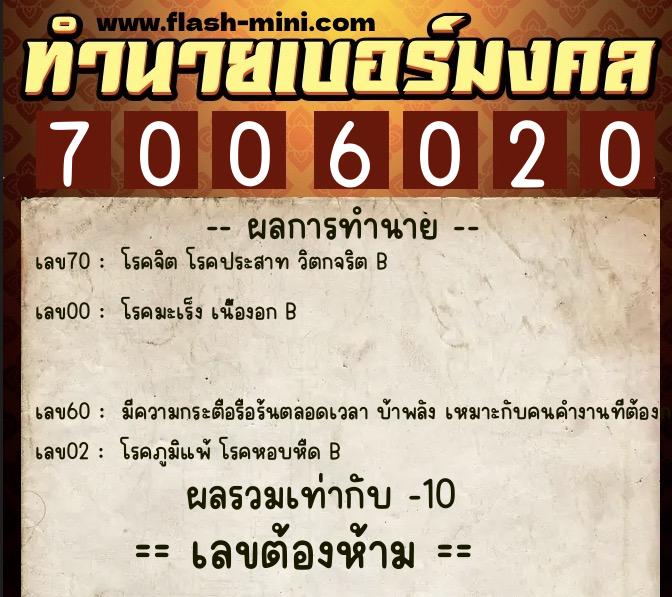 ทำนายเบอร์มงคล 0XX-7006020  ทำนายเบอร์มงคล หมายเลข 080-700602 