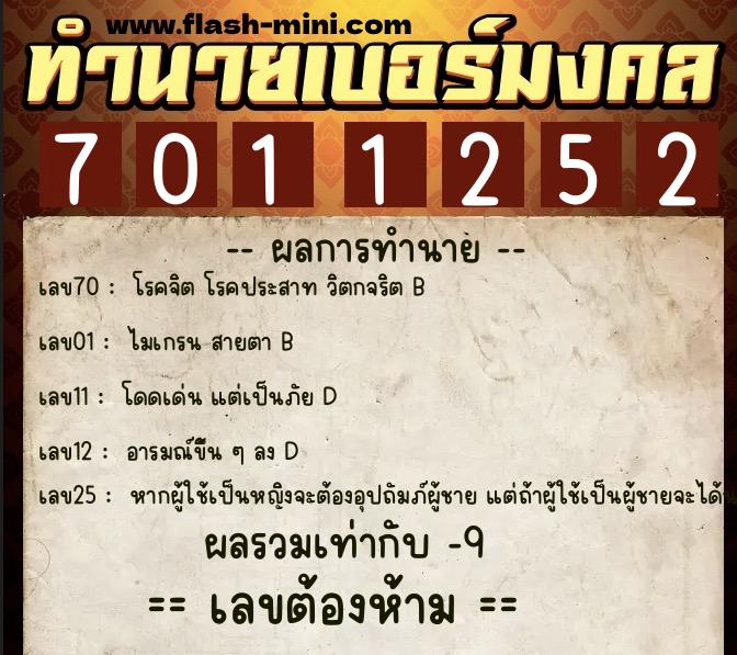 ทำนายเบอร์มงคล 0XX-7011252  ทำนายเบอร์มงคล หมายเลข 082-701125 