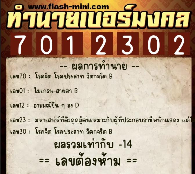 ทำนายเบอร์มงคล 0XX-7012302  ทำนายเบอร์มงคล หมายเลข 099-701230 