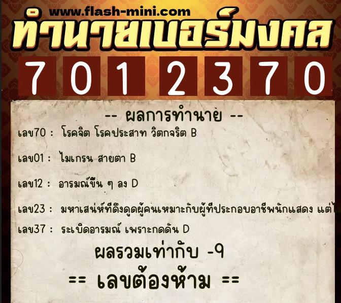 ทำนายเบอร์มงคล 0XX-7012370  ทำนายเบอร์มงคล หมายเลข 060-701237 