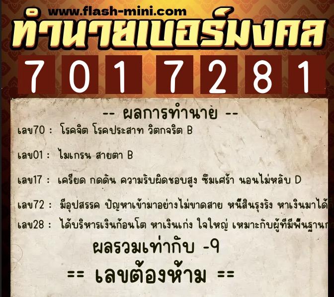 ทำนายเบอร์มงคล 0XX-7017281  ทำนายเบอร์มงคล หมายเลข 099-701728 