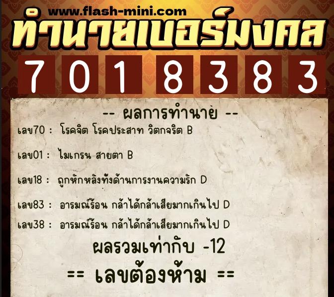 ทำนายเบอร์มงคล 0XX-7018383  ทำนายเบอร์มงคล หมายเลข 067-701838 