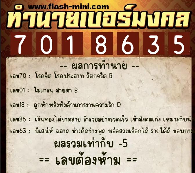 ทำนายเบอร์มงคล 0XX-7018635  ทำนายเบอร์มงคล หมายเลข 088-701863 