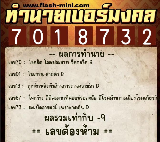 ทำนายเบอร์มงคล 0XX-7018732  ทำนายเบอร์มงคล หมายเลข 085-701873 