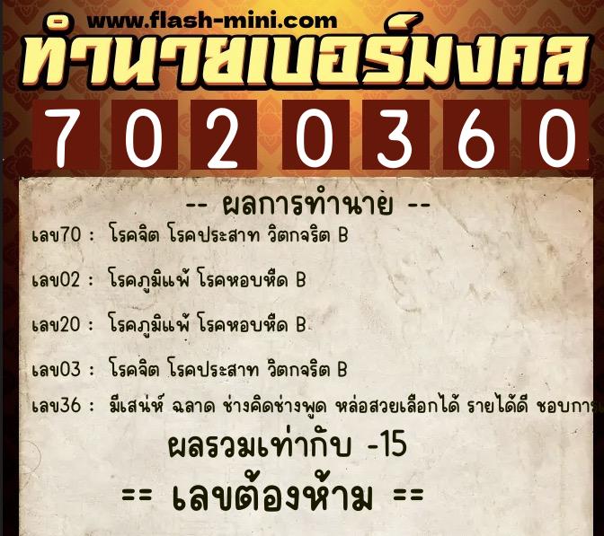 ทำนายเบอร์มงคล 0XX-7020360  ทำนายเบอร์มงคล หมายเลข 089-702036 