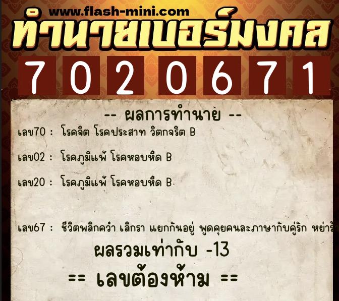 ทำนายเบอร์มงคล 0XX-7020671  ทำนายเบอร์มงคล หมายเลข 061-702067 