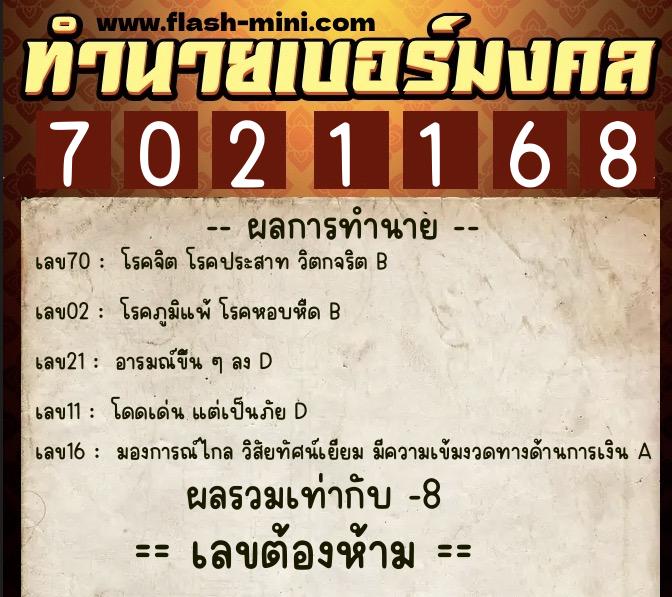 ทำนายเบอร์มงคล 0XX-7021168  ทำนายเบอร์มงคล หมายเลข 060-702116 