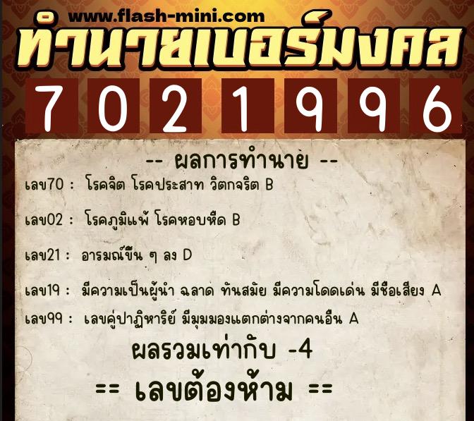 ทำนายเบอร์มงคล 0XX-7021996  ทำนายเบอร์มงคล หมายเลข 084-702199 