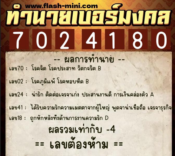 ทำนายเบอร์มงคล 0XX-7024180  ทำนายเบอร์มงคล หมายเลข 060-702418 
