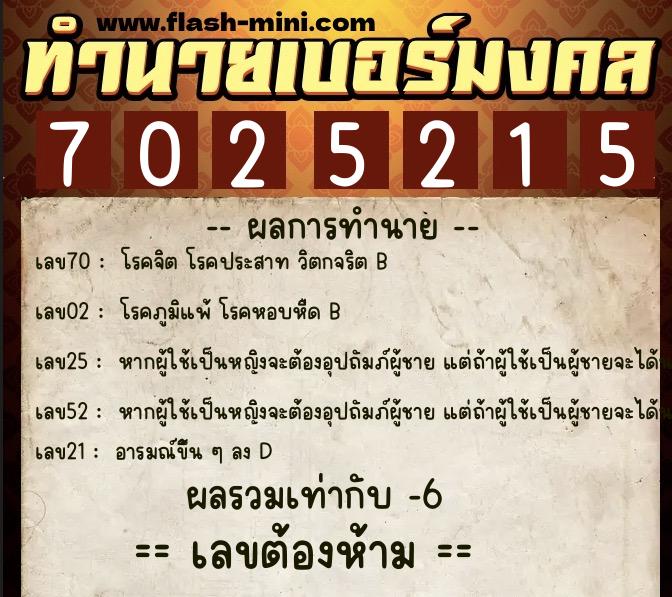 ทำนายเบอร์มงคล 0XX-7025215  ทำนายเบอร์มงคล หมายเลข 099-702521 