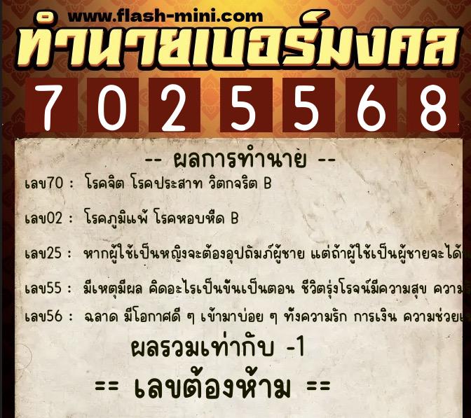 ทำนายเบอร์มงคล 0XX-7025568  ทำนายเบอร์มงคล หมายเลข 090-702556 