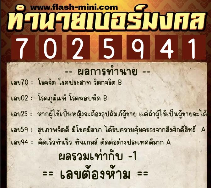 ทำนายเบอร์มงคล 0XX-7025941  ทำนายเบอร์มงคล หมายเลข 094-702594 