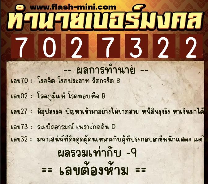 ทำนายเบอร์มงคล 0XX-7027322  ทำนายเบอร์มงคล หมายเลข 062-702732 
