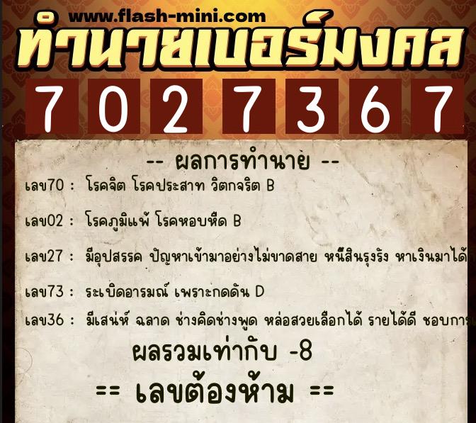 ทำนายเบอร์มงคล 0XX-7027367 ทำนายเบอร์มงคล หมายเลข 063-702736 ทำนายเบอร์มงคล 0XX-7027367 ทำนายเบอร์มงคล หมายเลข 063-702736