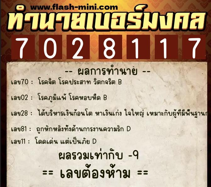 ทำนายเบอร์มงคล 0XX-7028117  ทำนายเบอร์มงคล หมายเลข 083-702811 