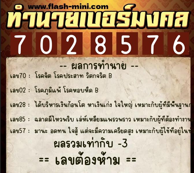 ทำนายเบอร์มงคล 0XX-7028576  ทำนายเบอร์มงคล หมายเลข 089-702857 