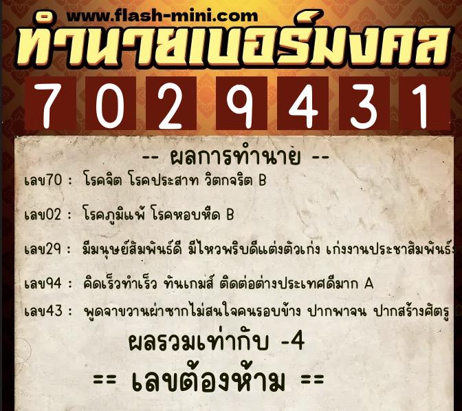 ทำนายเบอร์มงคล 0XX-7029431  ทำนายเบอร์มงคล หมายเลข 093-702943 
