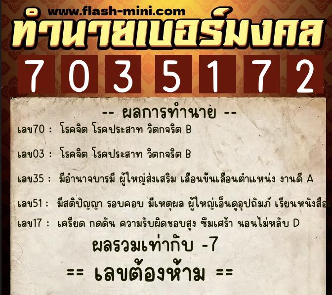 ทำนายเบอร์มงคล 0XX-7035172  ทำนายเบอร์มงคล หมายเลข 066-703517 