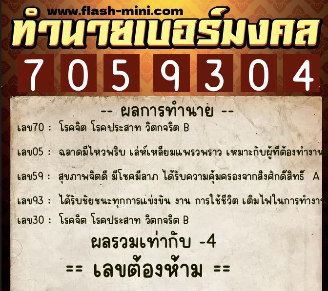 ทำนายเบอร์มงคล 0XX-7059304  ทำนายเบอร์มงคล หมายเลข 085-705930 