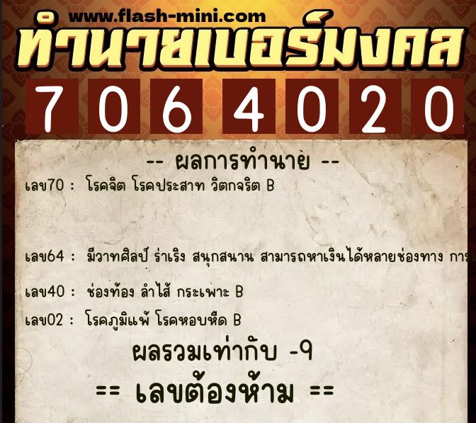ทำนายเบอร์มงคล 0XX-7064020  ทำนายเบอร์มงคล หมายเลข 097-706402 