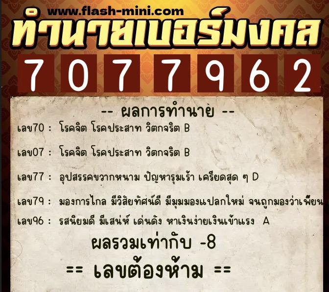 ทำนายเบอร์มงคล 0XX-7077962  ทำนายเบอร์มงคล หมายเลข 095-707796 