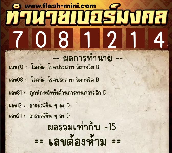 ทำนายเบอร์มงคล 0XX-7081214  ทำนายเบอร์มงคล หมายเลข 083-708121 