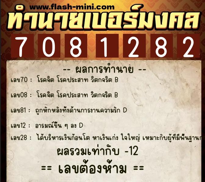 ทำนายเบอร์มงคล 0XX-7081282  ทำนายเบอร์มงคล หมายเลข 069-708128 