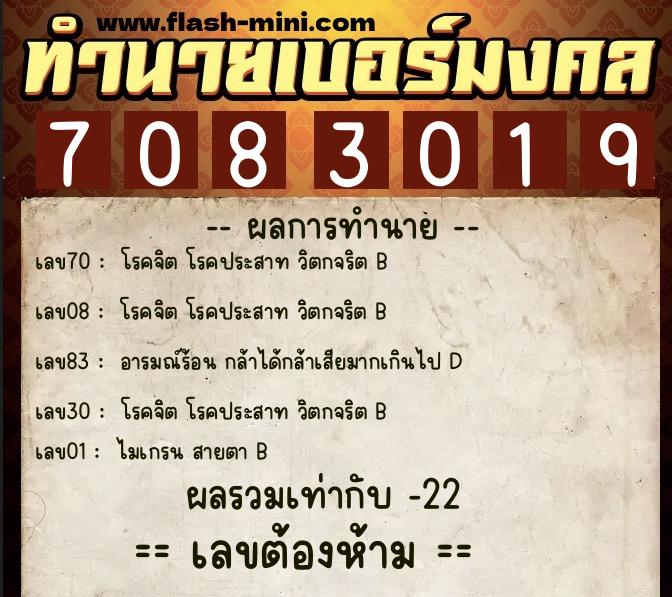 ทำนายเบอร์มงคล 0XX-7083019  ทำนายเบอร์มงคล หมายเลข 080-708301 