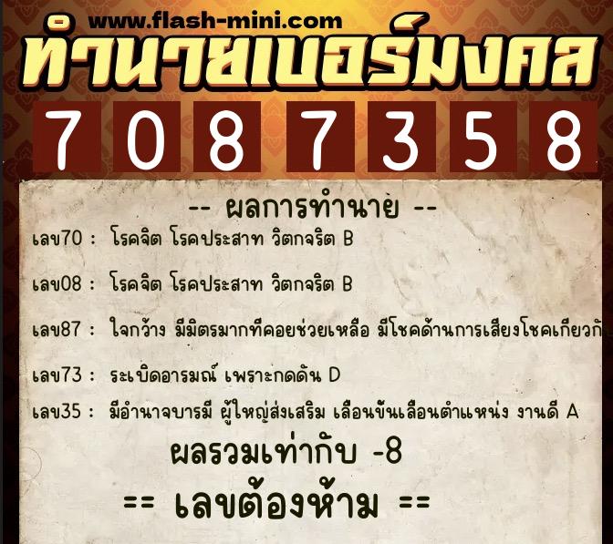 ทำนายเบอร์มงคล 0XX-7087358  ทำนายเบอร์มงคล หมายเลข 099-708735 