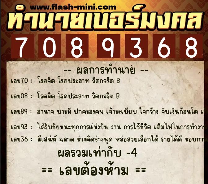 ทำนายเบอร์มงคล 0XX-7089368  ทำนายเบอร์มงคล หมายเลข 093-708936 