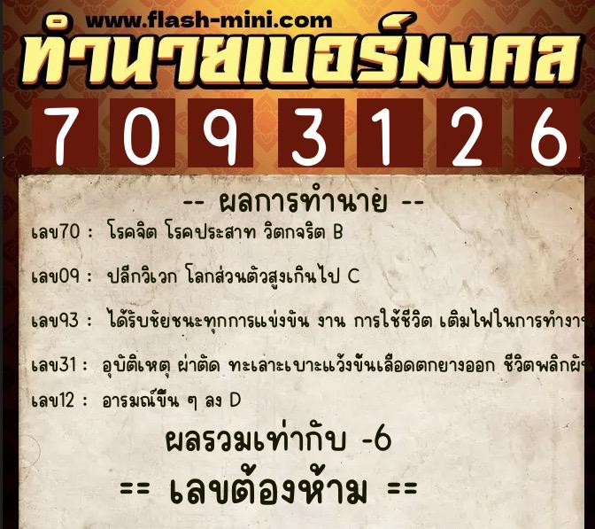 ทำนายเบอร์มงคล 0XX-7093126  ทำนายเบอร์มงคล หมายเลข 097-709312 