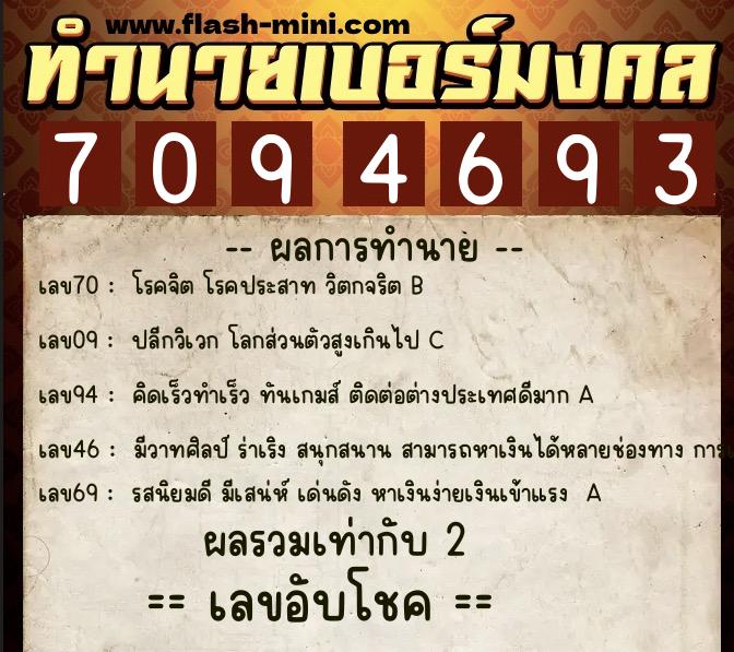 ทำนายเบอร์มงคล 0XX-7094693  ทำนายเบอร์มงคล หมายเลข 098-709469 